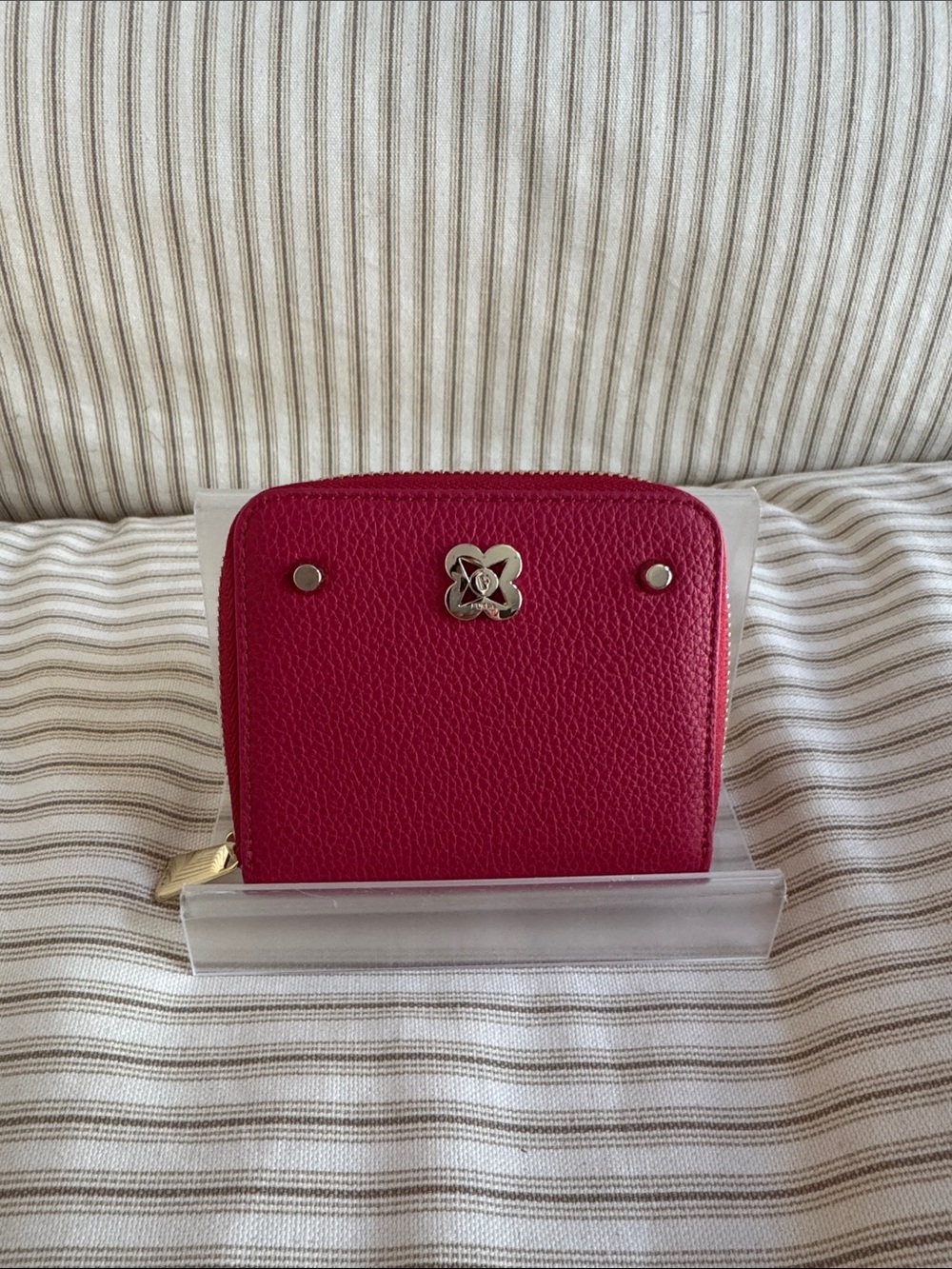 Furla Pink Compact Leather Zip Wallet with Silver Logo NWOT
